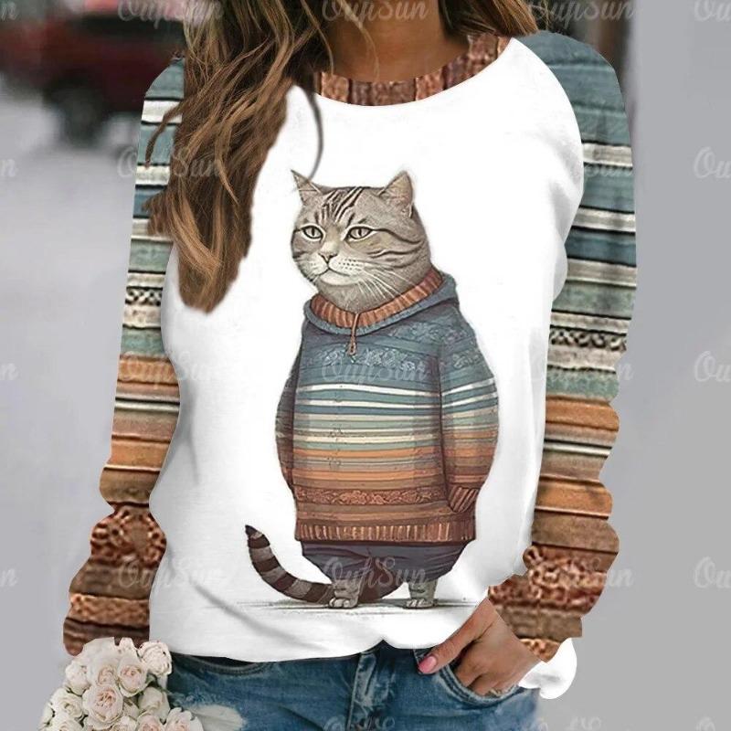Mode Kawaii Katt Djur Tryck Långärmade T-shirts För Kvinnor Sweatshirts Dam Söt O-Hals Pullover Kvinna T-shirts Topp Kläder