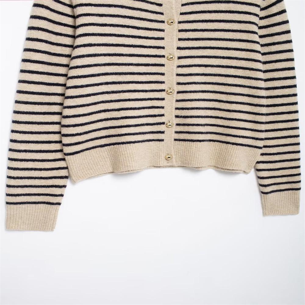 2024 Autumn Striped Print Long-Sleeve Knit Cardigan for Women