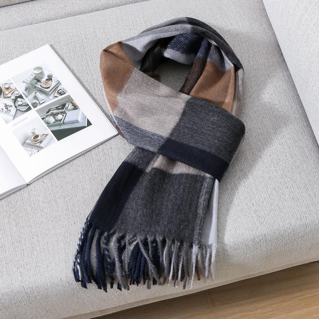 Plaid Scarf Men's Autumn and Winter Classic Trendy Earth Color Warm Versatile Imitation Cashmere Scarf for Boyfriend
