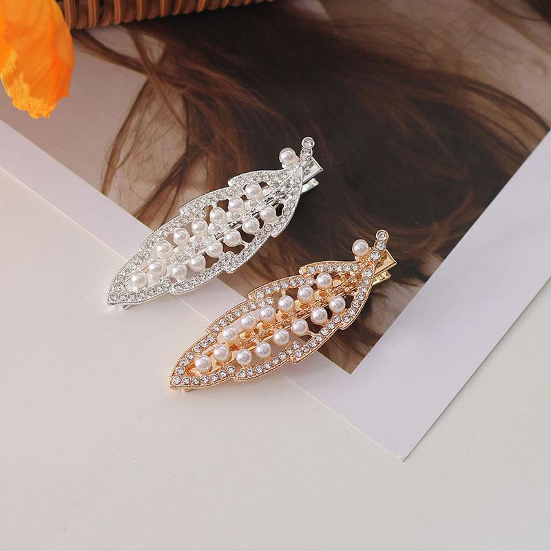 Bow Pearl Hairpin Women'S Leaf-Shaped Bangs Clip, Forehead Broken Hair Card Duck Bill Clip Side Hair Accessories