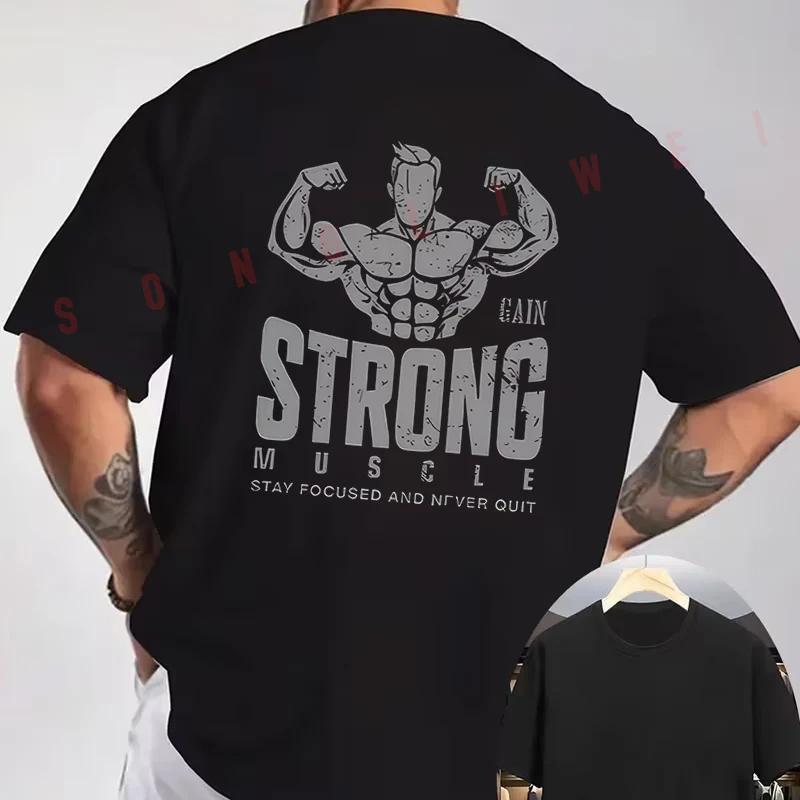 STRONG Fitness Muscular Man Distressed Slogan print Motorcycle T-Shirt back Print Men Short sle