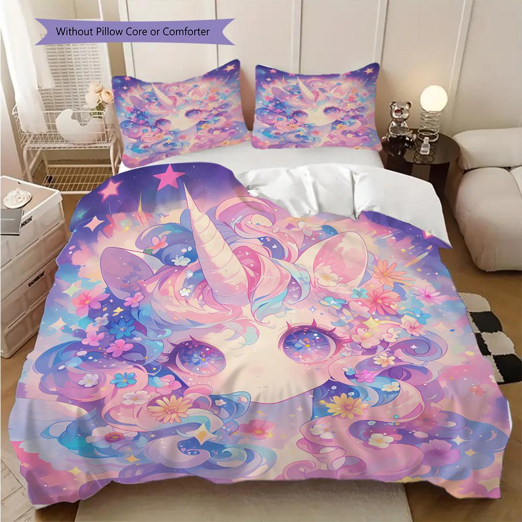 Cartoon cute fantasy unicorn bedding, duvet cover, pillowcase, home decoration, birthday gift (1 * duvet cover+2 * pillowcase, coreless)