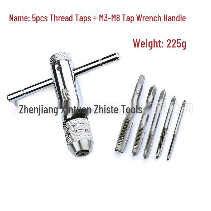 T-Handle Ratchet Tap Wrench Set M3-M8 with 5 Straight Flute Taps