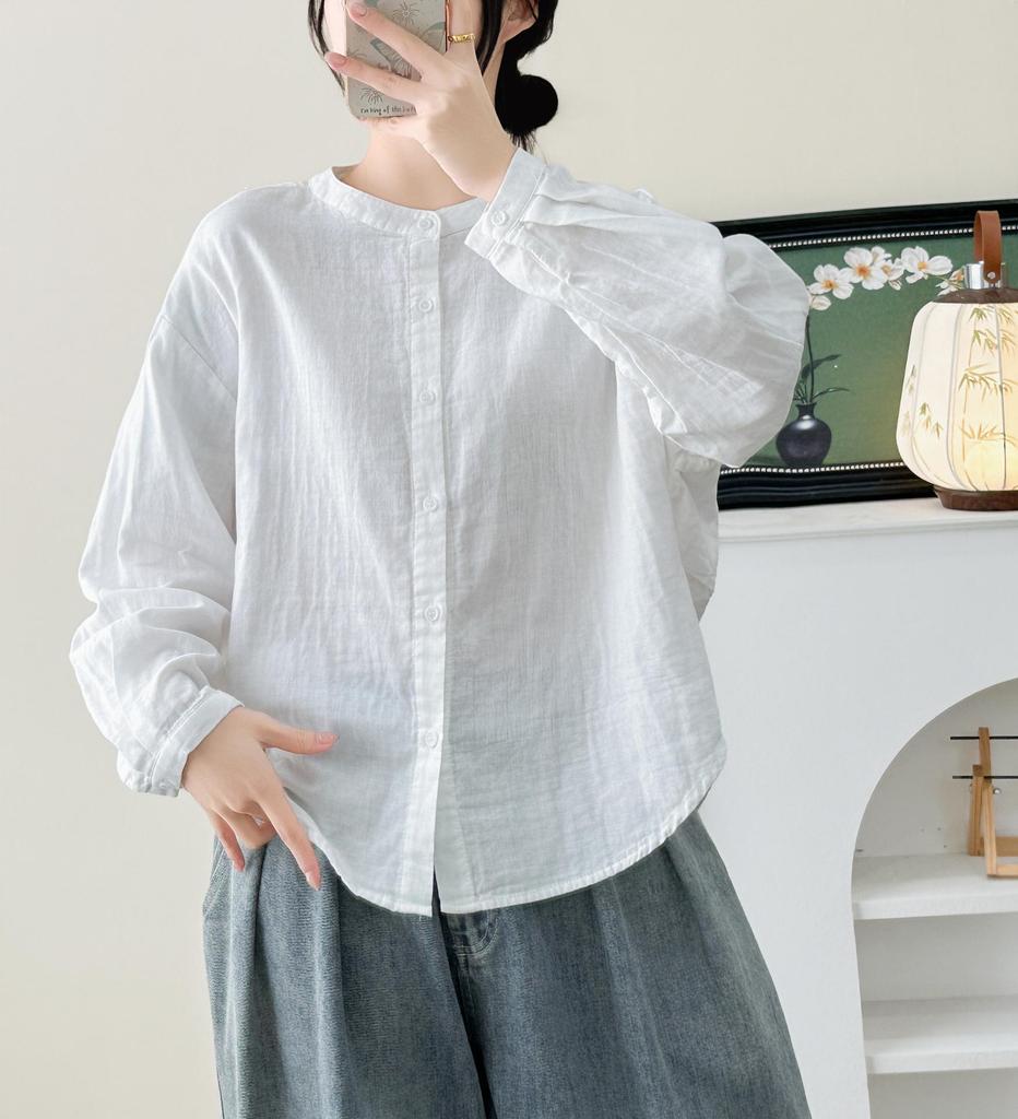2026 Spring Korean-Style Loose Long Sleeve Cotton Gauze Women's Shirt, Double Layer Stand Collar, Solid Color.