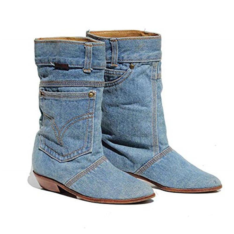 European and American new women's boots mid-waist low-heeled denim casual denim short boots women's autumn and winter denim boots