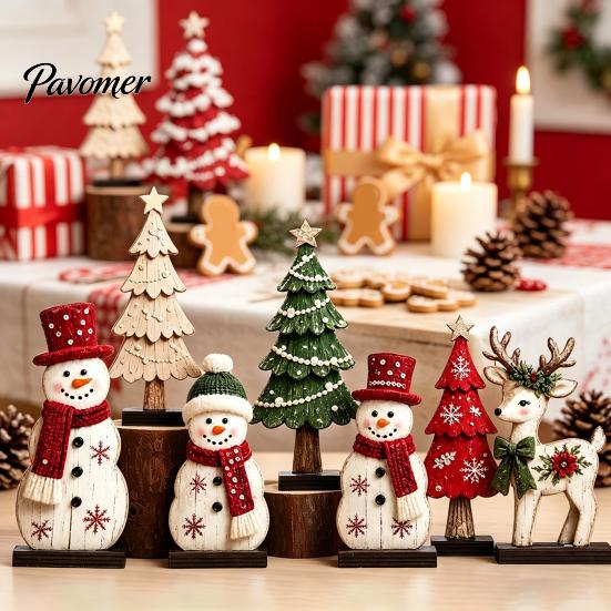 Handcrafted Holiday Gift Ideas 7Pcs Christmas Wooden Tabletop Ornaments, Snowman Tree Reindeer Tiered Tray Table Centerpieces Decor for Mantel, Rustic