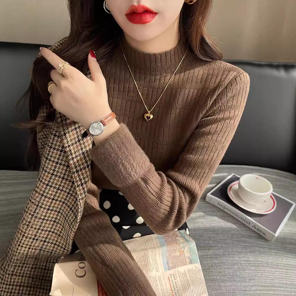 Women's Autumn Winter Fleece-Lined Thickened Half-High Neck Knit Long Sleeve Base Layer Sweater with Integrated Fleece Fabric