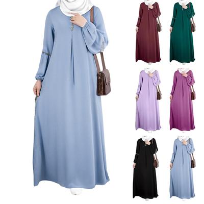 Women's Muslim Casual Temperament Elegant Color Round Neck Long Sleeve Pleated Dresses