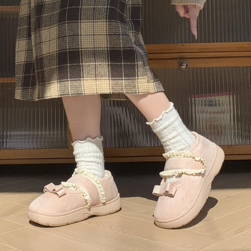 Fashion Outer Wear Lace Mary Jane Cotton Slippers Autumn and Winter 2025 New Indoor Non-slip Platform Student Cotton Shoes