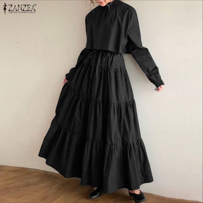 ZANZEA Abito casual da donna con colletto alla coreana, manica lunga larga