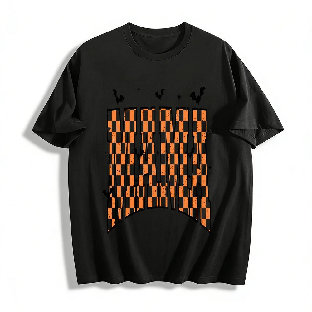Halloween Checkered MAMA Print Bat Graphic Casual Top Pure cotton T-shirt XXS