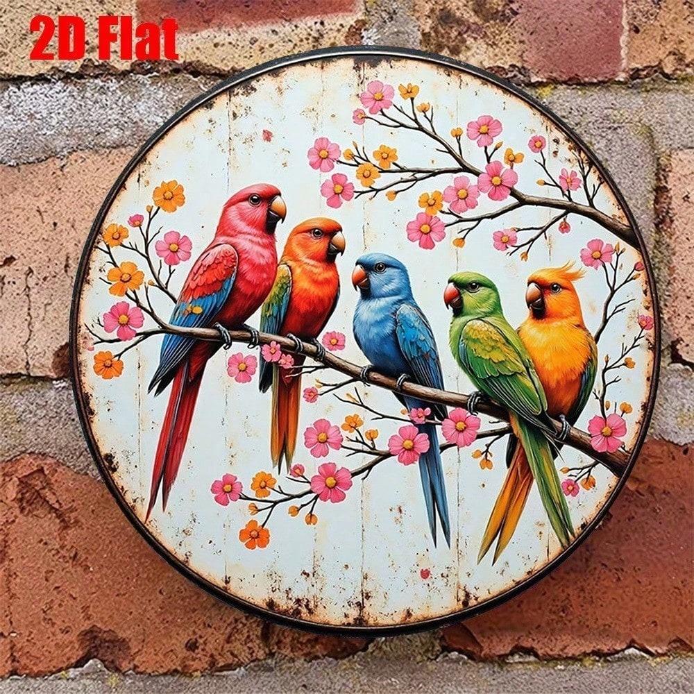 1pc Vintage Parrot Cherry Wall Decor Retro Caribbean Round Plaque 2D Flat Hanging Sign for Living Room Bedroom Cafe Home Art
