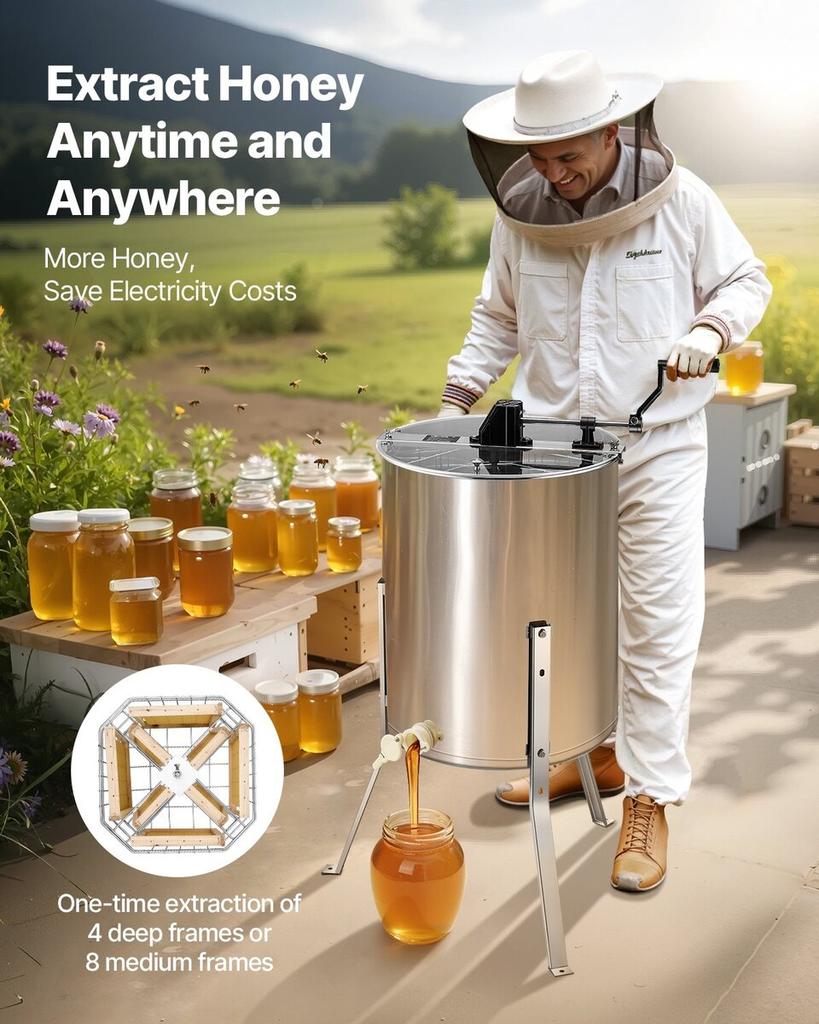 Manual Honey Extractor 4/8 Frame Honey Spinner Beekeeping Stainless Steel