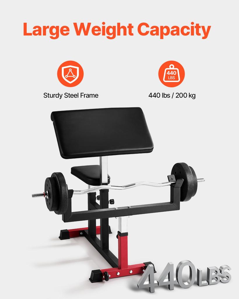 VEVOR Preacher Curl Bench, Strength Training Biceps Machine, Max Load 440 LBS Home Gym Equipment, Seated Arm Isolated Barbell Dumbbell Bicep Station