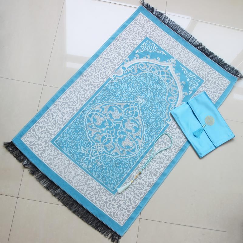 Turkish Style Gloss Silk-Like Printed Non-Slip Prayer Rug with Matching Carry Bag Popular Ramadan Religious Present Mat