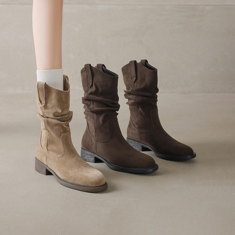 Pile Boots Retro Suede Apricot Short Boots Western Boots Pleated Women's Boots Spring and Summer Thick Heel Versatile Knight Boots