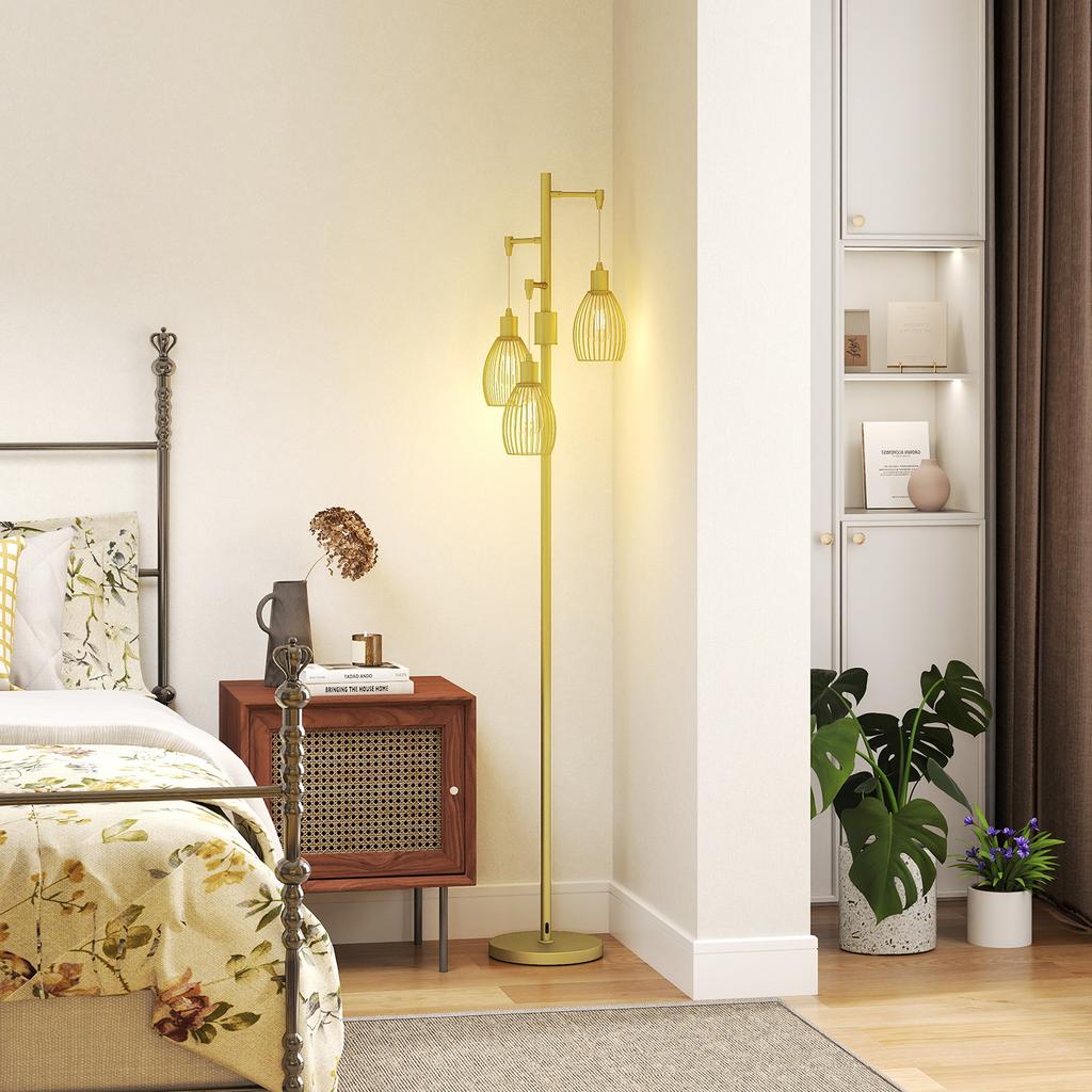 3-Light Floor Lamp, 170cm Industrial Dimmable Standing Lamp with Steel Wire Cage Lampshades for Living Room, Bedroom, Dining Room, Study