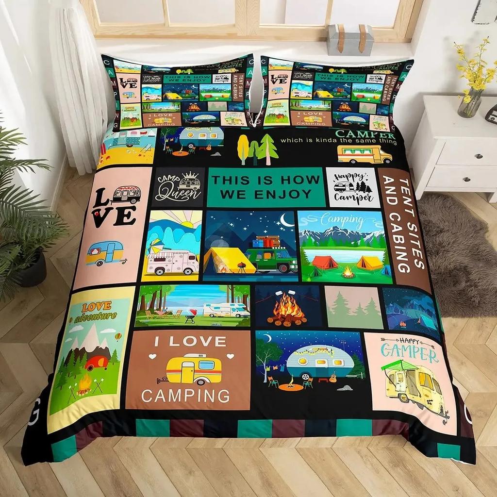 Happy Camping Bettbezug-Set Camper Bettdeckenbezug Vintage Alte Scheunentür Bettwäscheset Cowboys Holz Bauernhausstil Tagesdecke