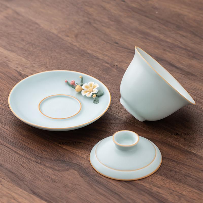 150ml Chinese High Grade Ceramic Gaiwan Teacup Handmade Flower Pattern Tea Tureen Travel Tea Bowl Household Teaware Accessories