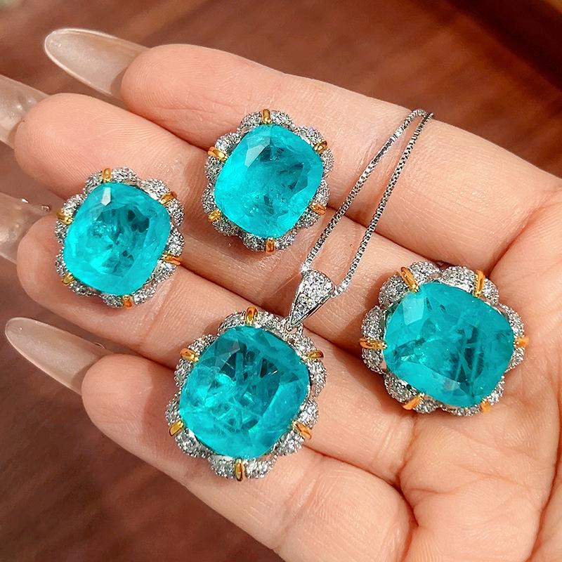 Set Jewelry Necklace Ring Stud Earrings Lotus Shape Para Blue Light Luxury Women