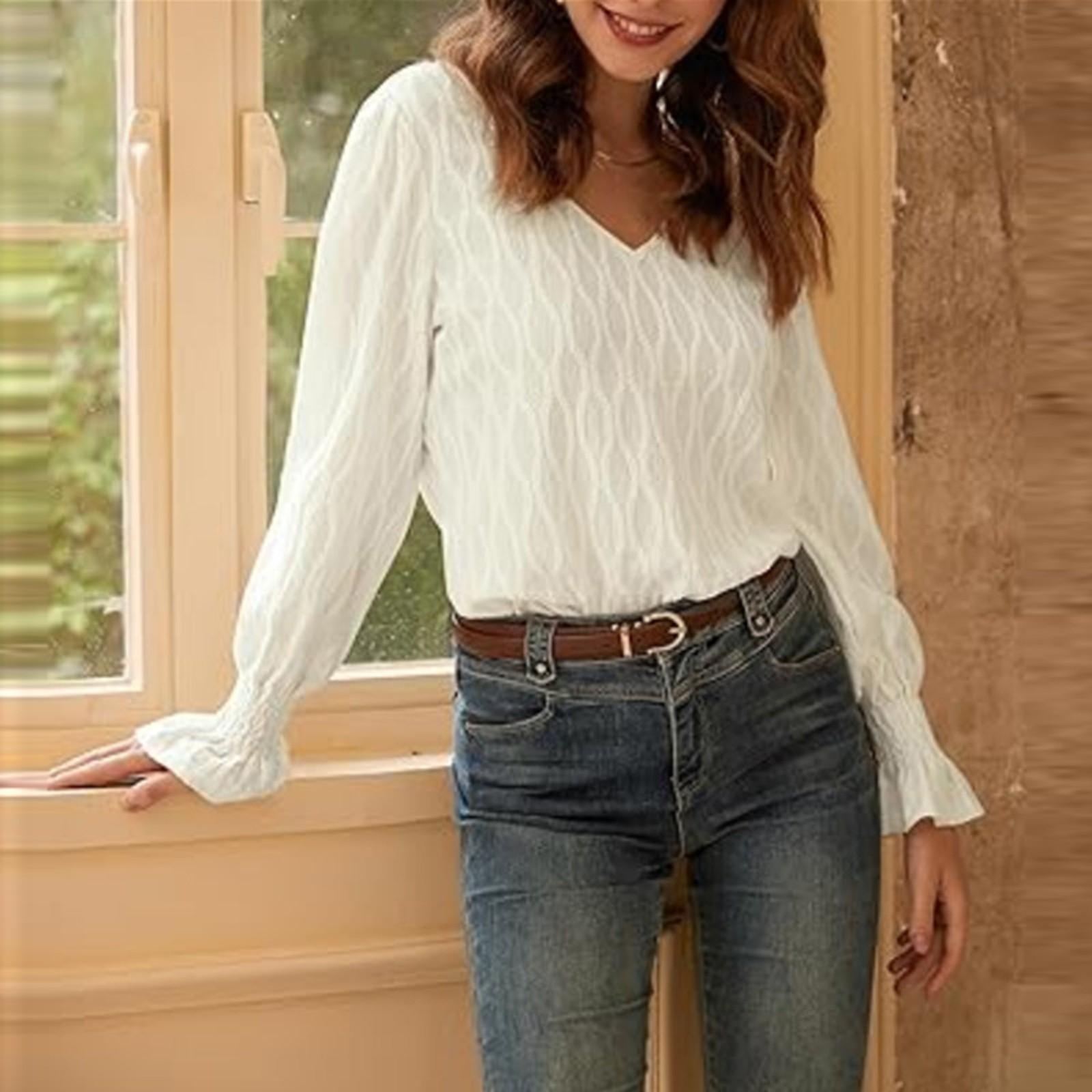 

Женская модная однотонная футболка с V-образным вырезом и длинным рукавом на осень для женщин XL белый