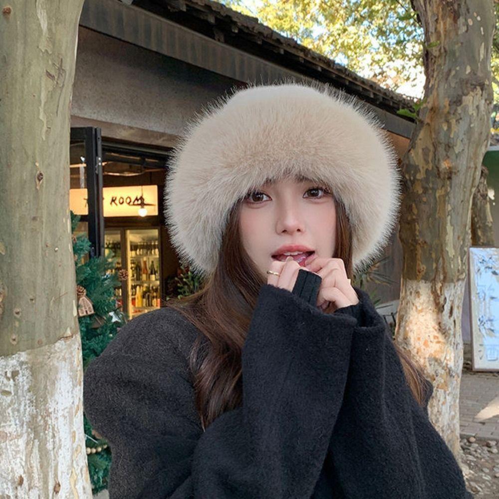 Bucket Hat Plush Basin Cap Warm Cap Solid Beanie Casual Faux Fur Mink Hat  Outdoor