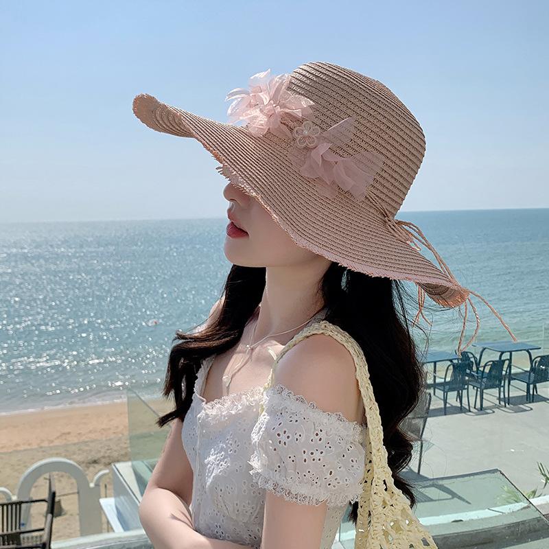 

Sweet Breathable Lace Bowknot Straw Hat Adjustable Large Brim Wide Brim Sun Hat Elegant Korean Style Sunshade Cap Girls