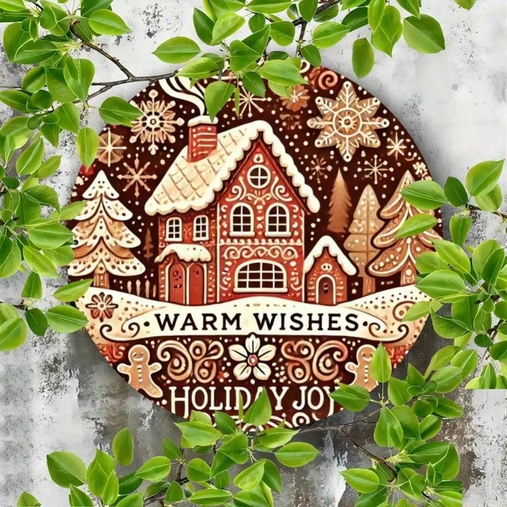 Christmas Gingerbread House Wreath Metal Tin Sign Wall Art 7.8 Inch Home Decor For Living Room Door Gift