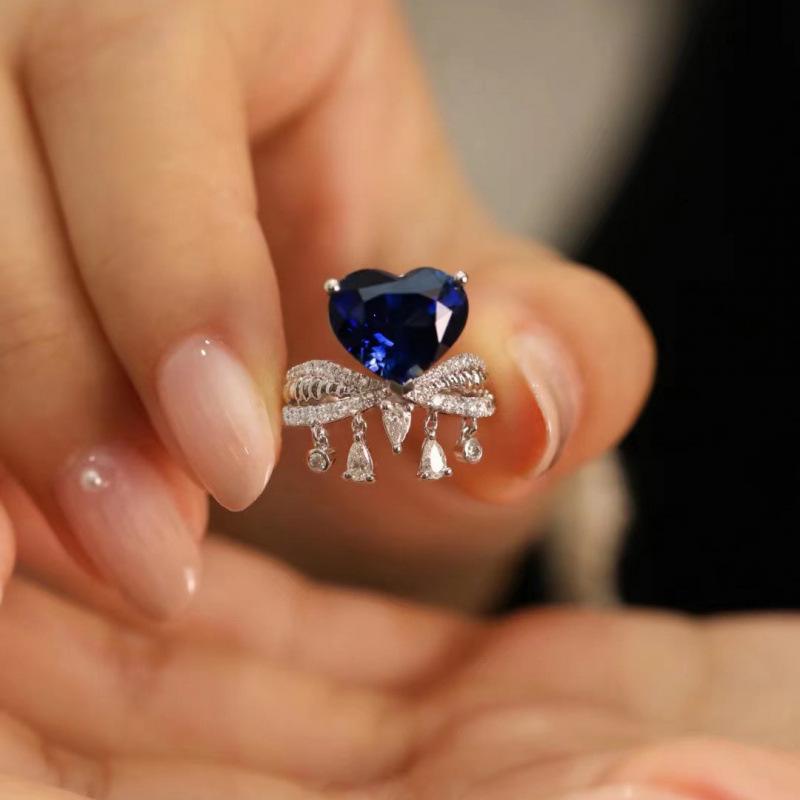 Romantic Blue Gem Heart Ring - Adjustable, Elegant, Versatile Design for Women Adjustable Open