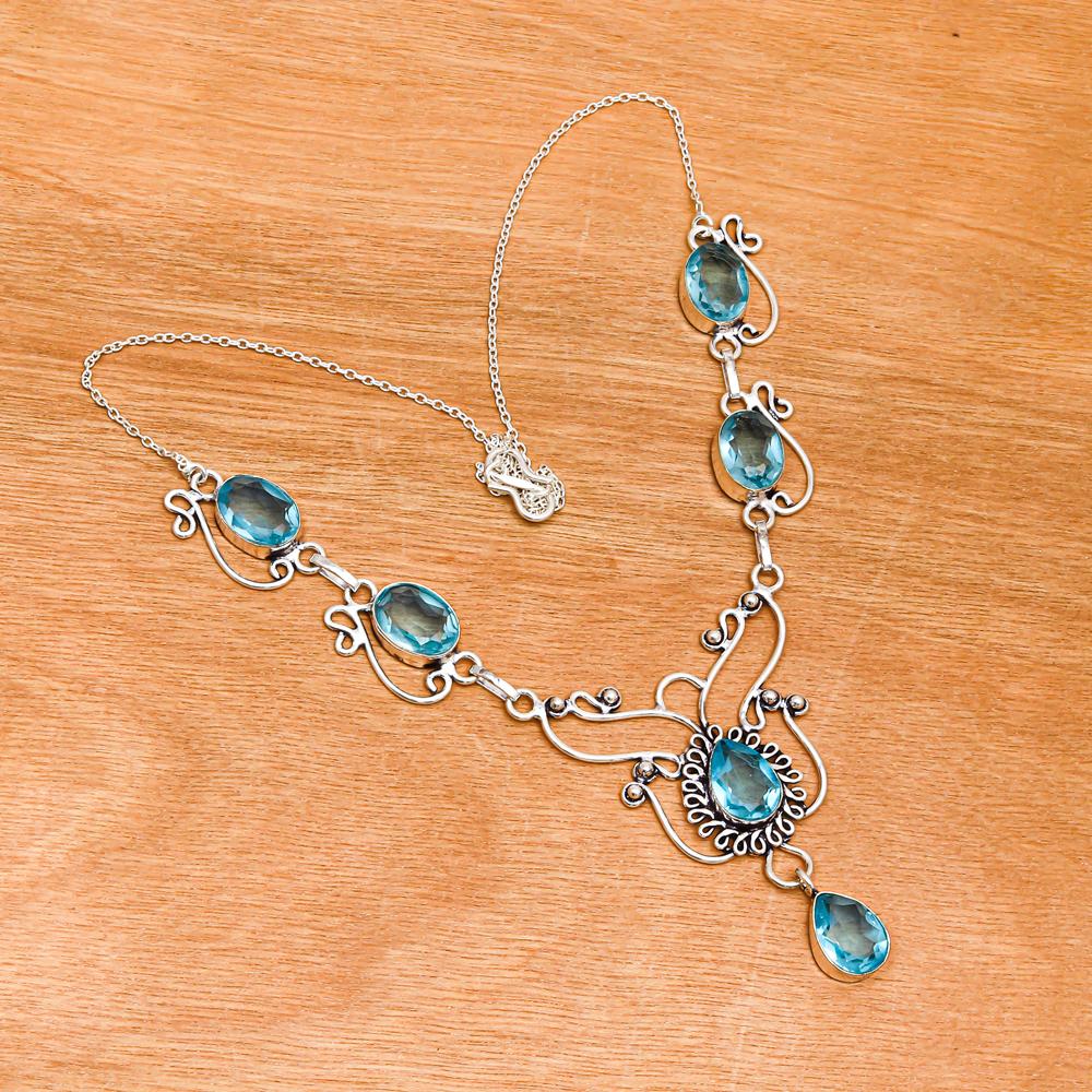 Swiss Blue Quartz Gemstone Jewelry Necklace Set 16-18''