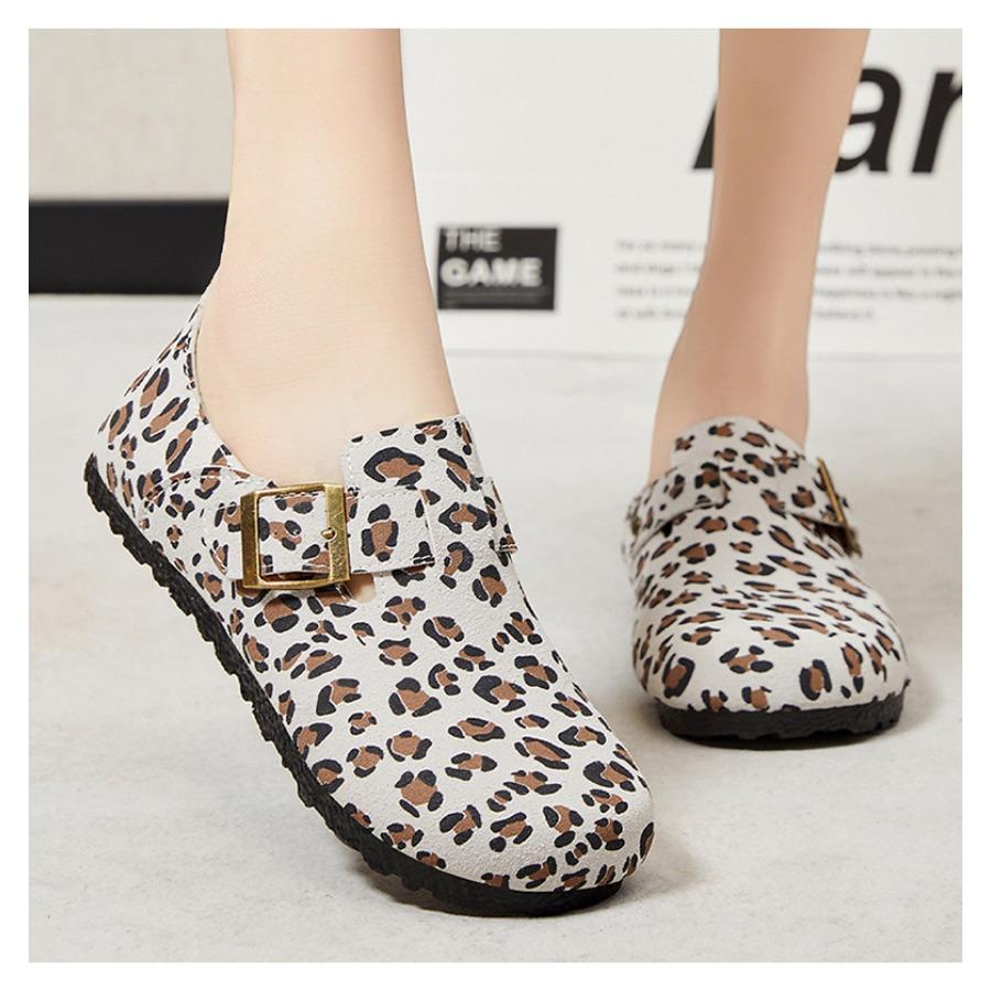 Women Leopard Print Leather Slip On Casual Mules Spring Comfort Low Wedge Flat Shoes