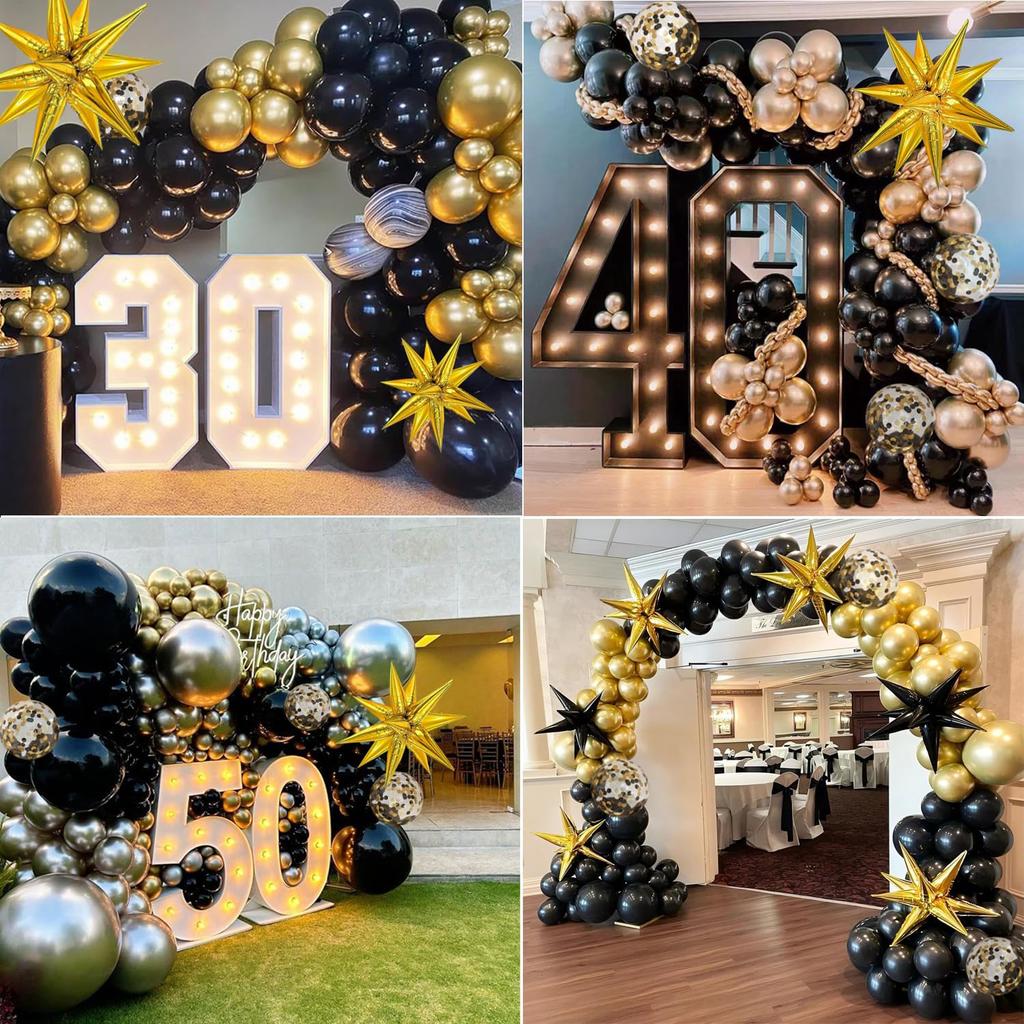 134pcs Black and Gold with Gold Confetti Balloon Garland Arch Set, Suitable for Birthday, Christmas, and New Year Decorations