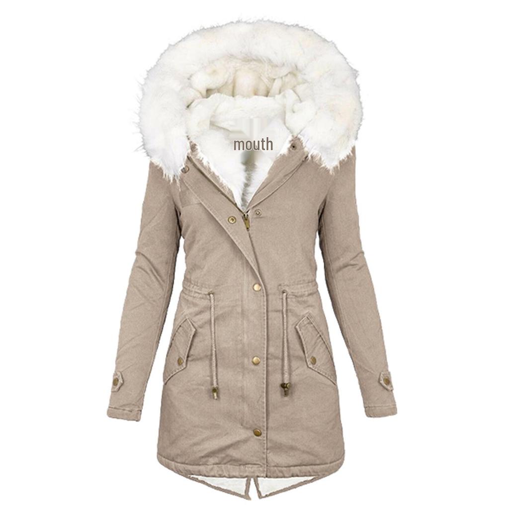 Women's Warm Hooded Trench Coat with Fur Collar - Fleece-Lined Mid-Length Overcoat for Autumn/Winter 2024