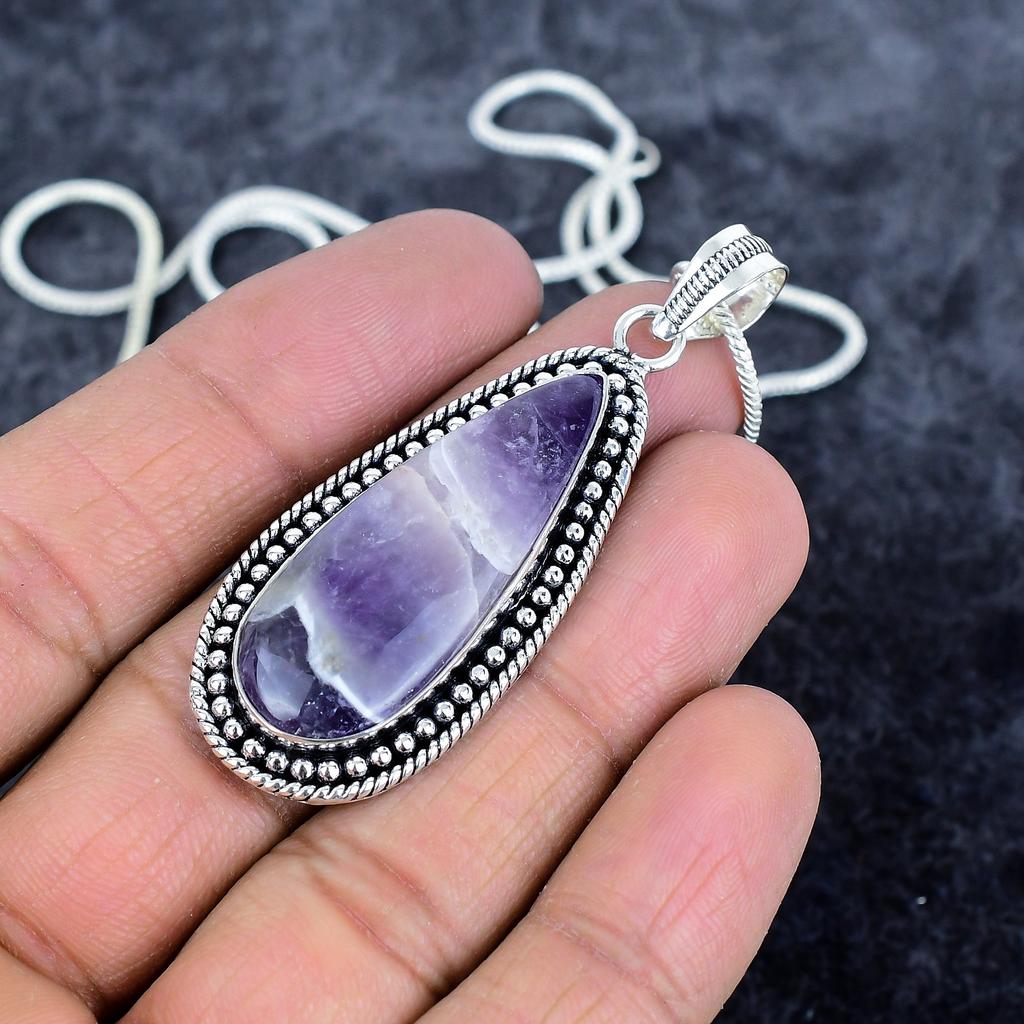 Chevron Amethyst Gemstone 925 Sterling Silver Jewelry Pendant 2.40" M-2942