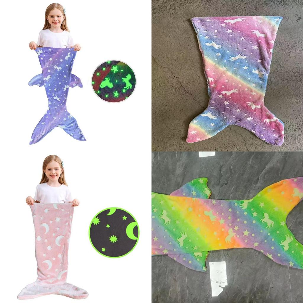 Glow In The Dark Modern Fleece Blanket For Kids With Cartoon Mermaid Stars And Sleepytime Warmth