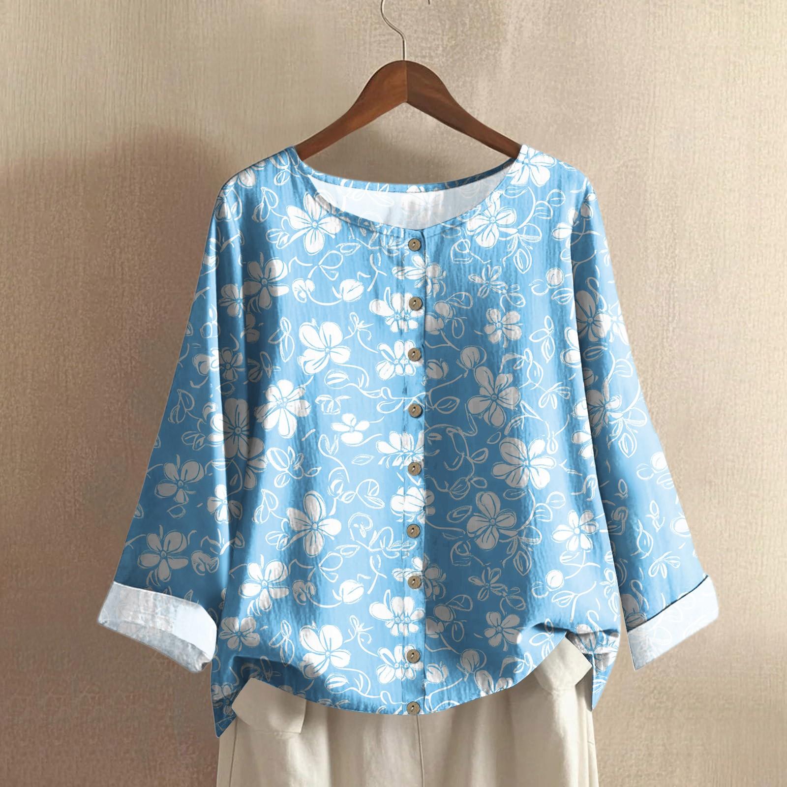 

Women s Casual Long Sleeve Round Neck Floral Print Cotton And Linen Top L