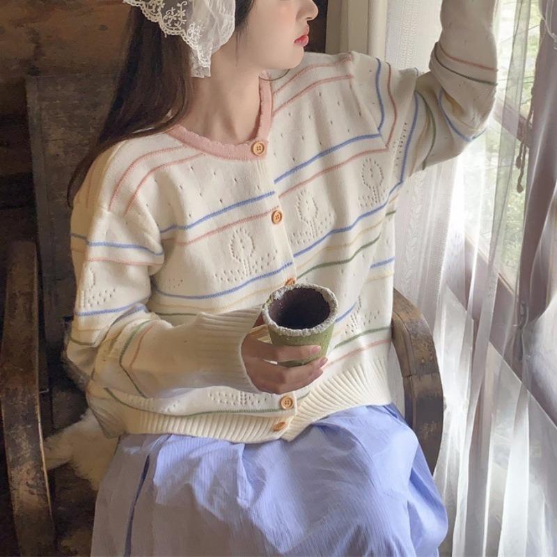 Spring new color striped hollow round neck knitted cardigan retro literary top jacket wear
