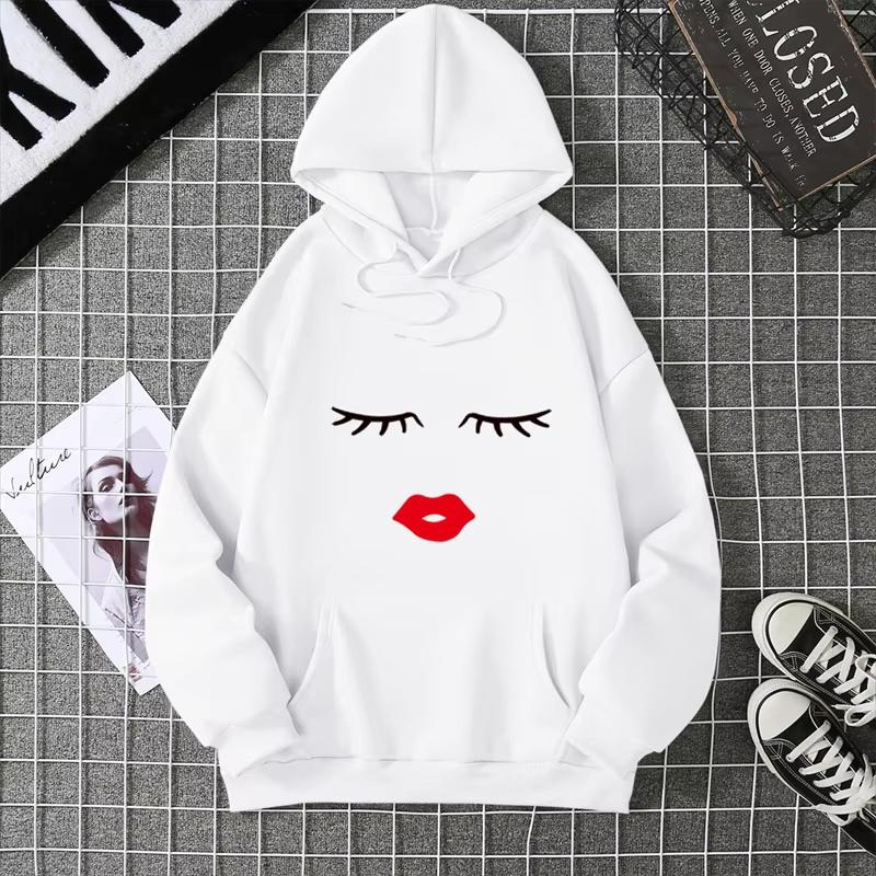 2025 Pretty Cute Eye Lashes Red Lips Print Women Hoodie Summer Casual Short Sleeve O Neck t-shirt Ladies White Hooded Sweatshirt