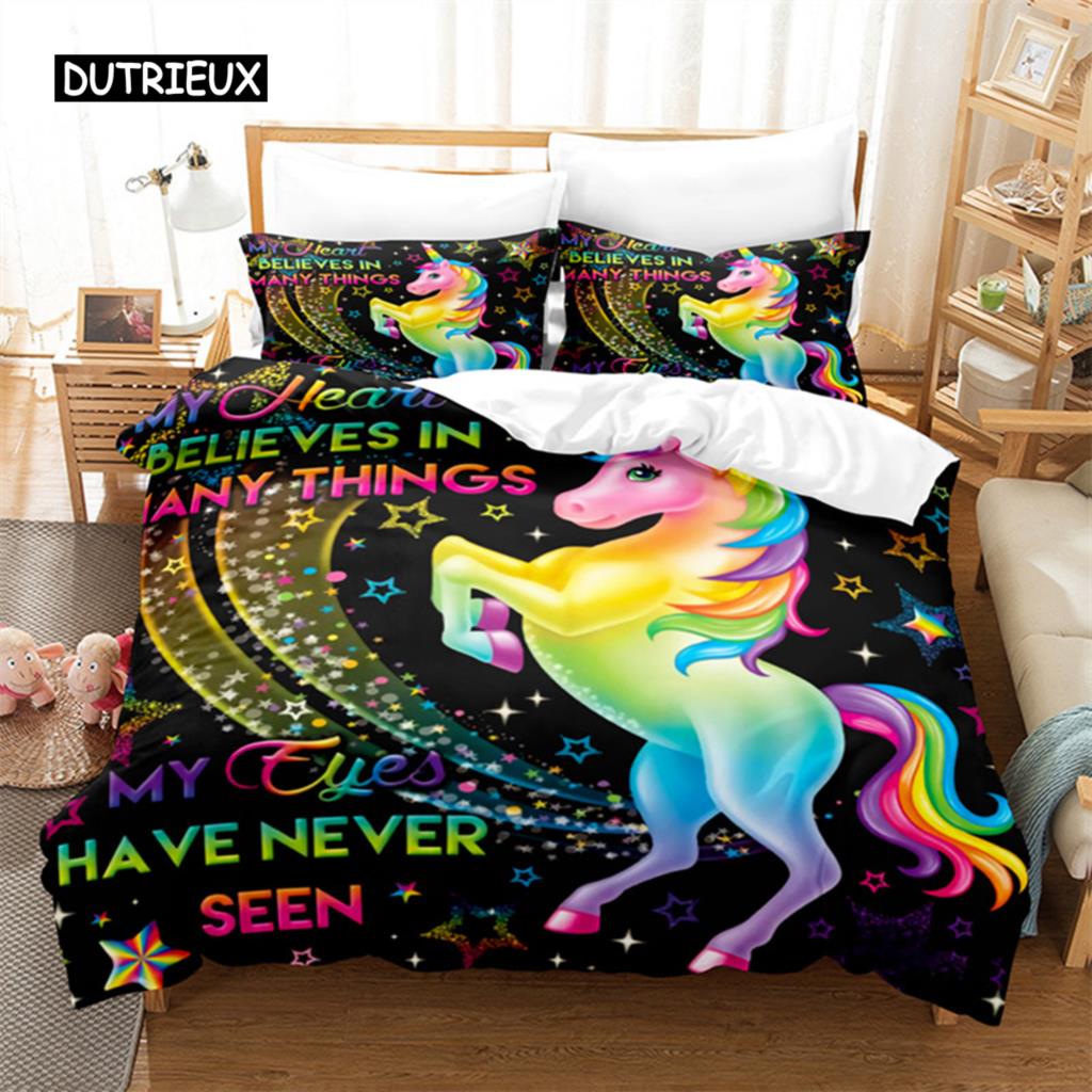 Duvet Cover Cartoon Unicorn Floral Bedding Set Microfiber Flying Horse Comforter Cover Full Queen Children Girls Bedroom Decor