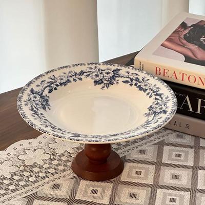Retro Blue & White Porcelain High-Footed Divided Serving Dish with Wooden Base