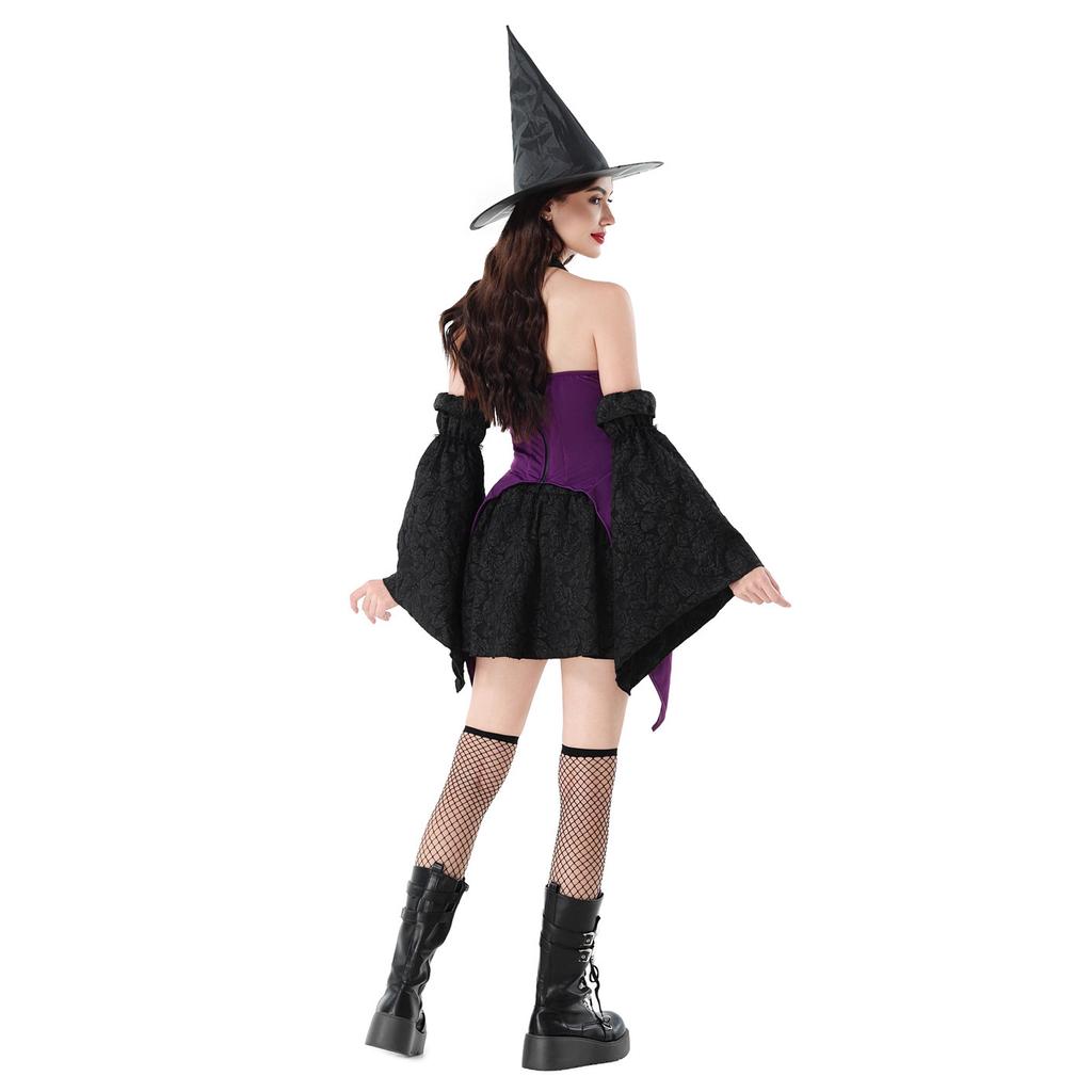 Halloween costume magic witch costume dark goth cross witch hat carnival costume dress