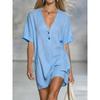 Summer Women's Loose V-Neck Short Sleeve Button Cotton Linen Dress, Casual European American Style Fashion Dress