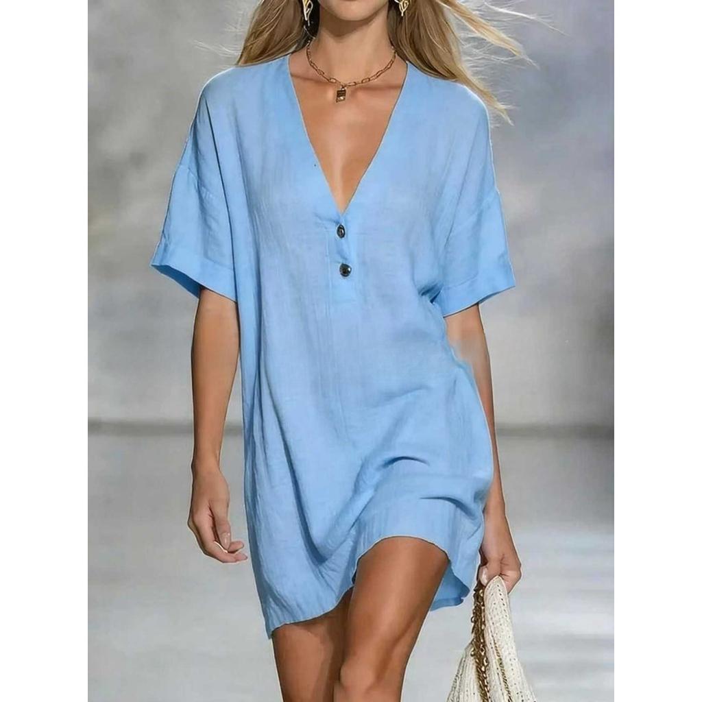 Summer Women's Loose V-Neck Short Sleeve Button Cotton Linen Dress, Casual European American Style Fashion Dress