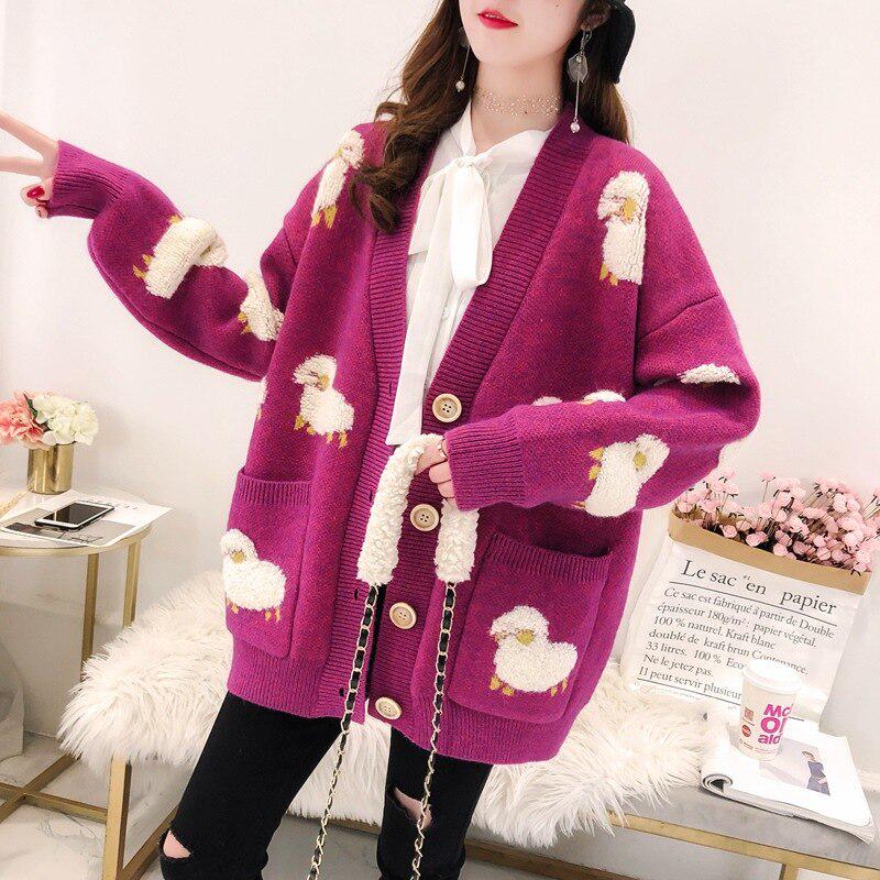 Nadměrná velikost Úzký pletený svetr střední velikosti Dámská Kapsa na knoflík Dekorace Kreslený Neformální svetr Cardigan Ženy jaro podzim 2020