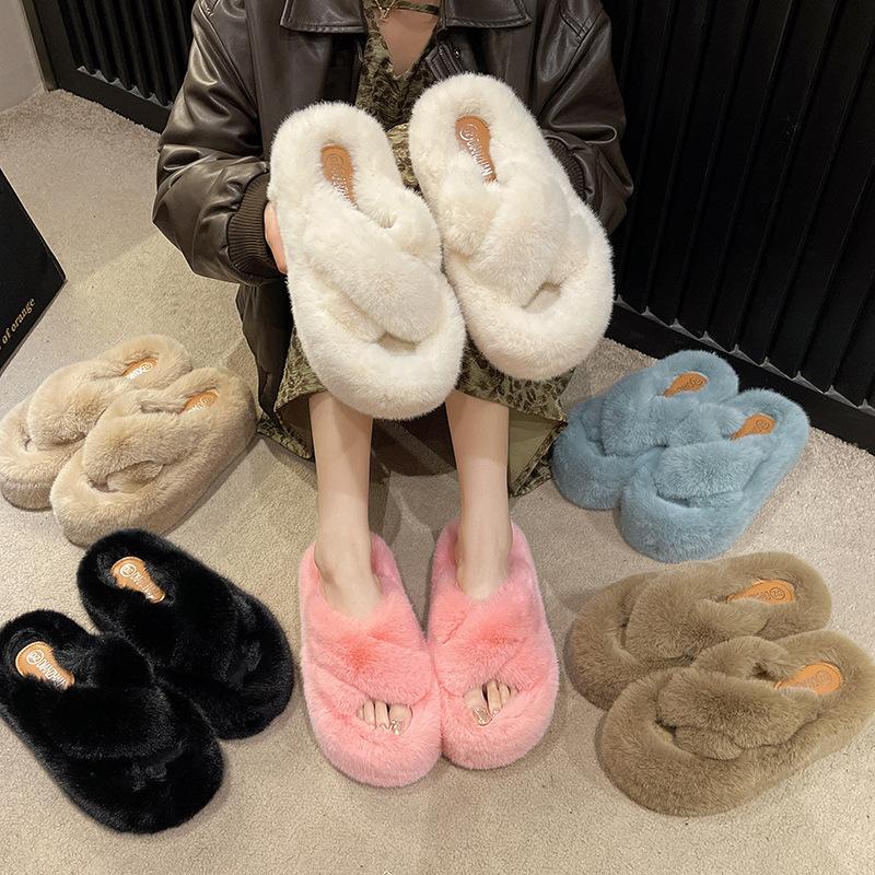 2025 autumn and winter fashion casual outerwear home new cross Korean version warm thick bottom one-word cotton slippers