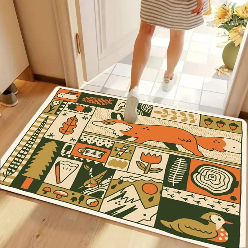 Abstract Geometry Cartoon Printed Carpet Retro Floral Plant Mat Living Room Bedroom Artistic Decoration Carpet