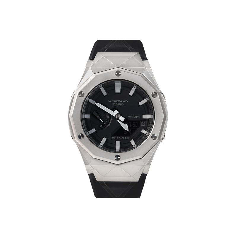 

CASIO Men Liquid Crystal/Analog Dual Display Series Black Watch GA-2100-1A- Silver Black Warrior