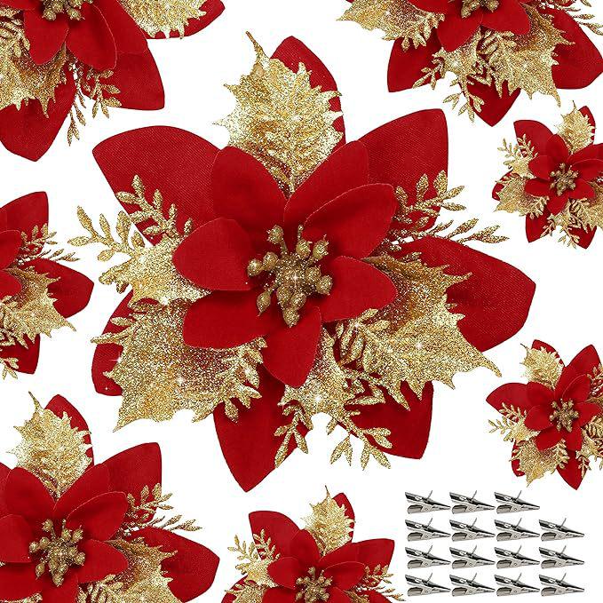 Red Christmas Flower Decoration with Clip and Gold Glitter for Wreaths and Weddings