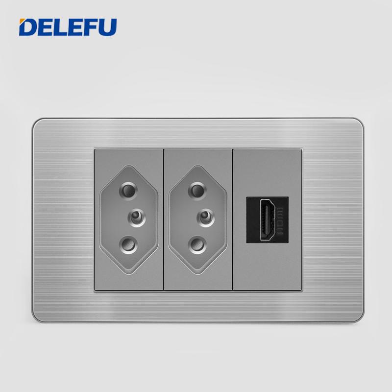 DELEFU Brazilian Model 118 Type 10A/20A Stainless Steel Grey Durable PC USB Socket with Type-C 20W Fast Charging