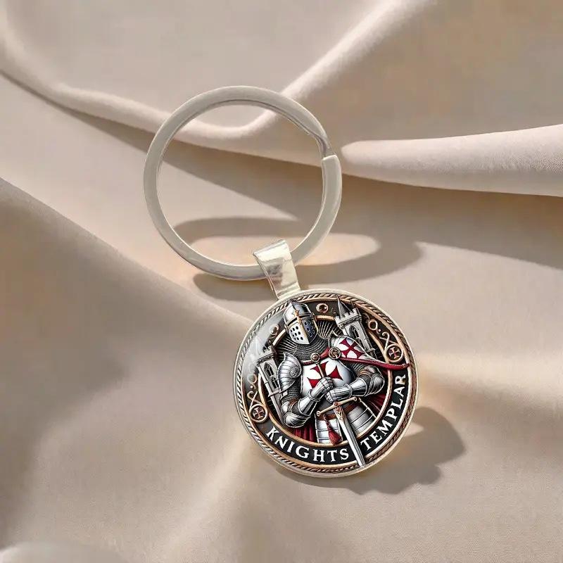 1Pcs Red Cross Pendant Templar Keychain Army Crusade Solomon Freemason Symbol Glass Gem Metal Key Ring Holder Jewelry Gifts
